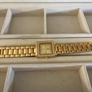 Gold Square Face Watch with Crystal Accents
